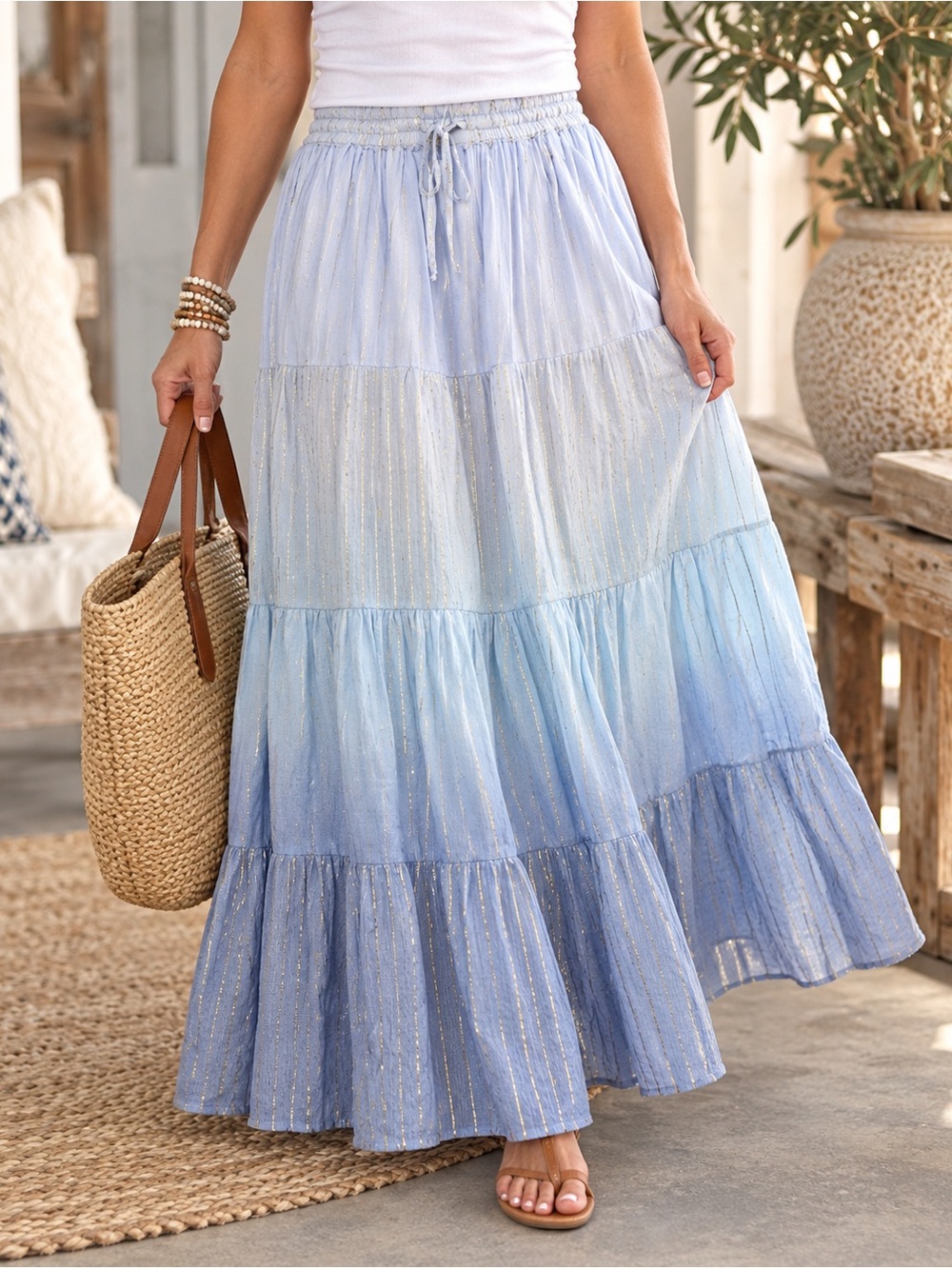 Mira NWT XXL Blue Ombre Maxi Skirt Gold Metallic Stripe Boho Tiered